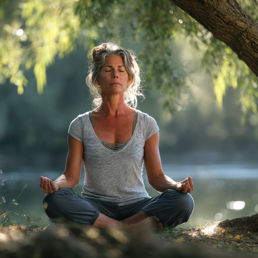 Peaceful middle-aged woman practicing yoga meditation in serene natural environment