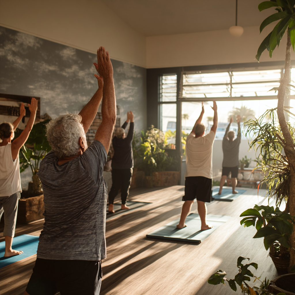 Tranquil yoga studio with natural light and mature adults practicing mindful movement
